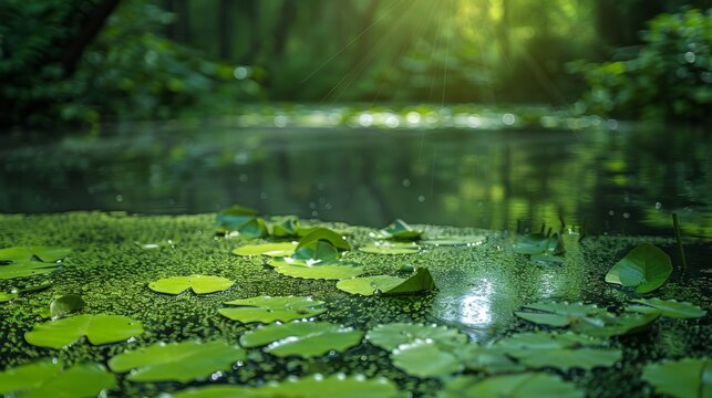 Lush green duckweed floating on calm water surrounded by swamp algae in a serene forest