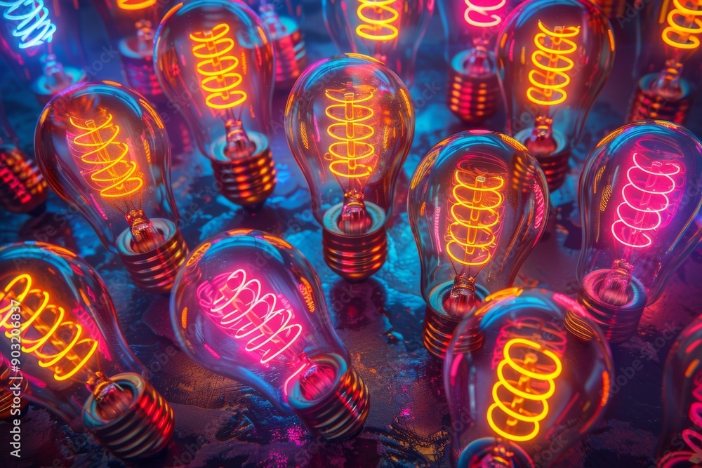 Poster neon light bulbs with retro pattern emphasizing creative thinking and stylish design