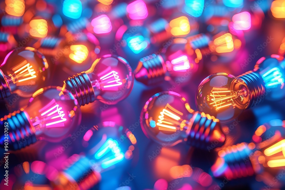 Poster close up of neon light bulbs with bokeh background emphasizing creativity and focused thinking