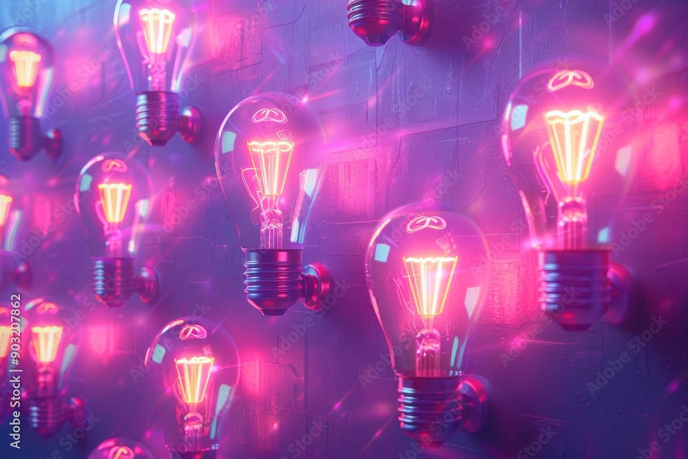 Aufkleber neon light bulbs in colorful array highlighting creative thinking and modern design