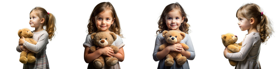 Little girl holding teddy bear, smiling and posing on transparent background