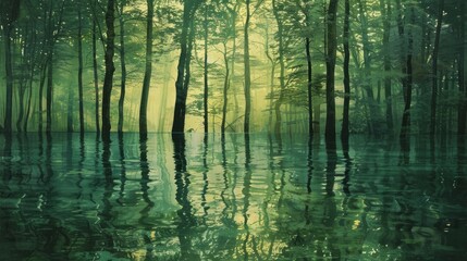 Obraz premium Serene green water landscape reflecting trees at sunrise in a tranquil forest