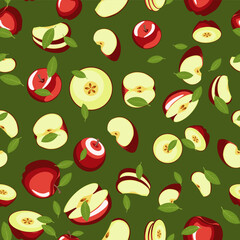 apple background, seamless texture. A drawn vector illustration of various juicy ripe red apples in whole and in pieces randomly scattered on a light green background