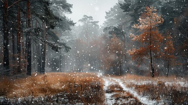 Snowfall blankets forests and fields in northeastern wilderness during winter