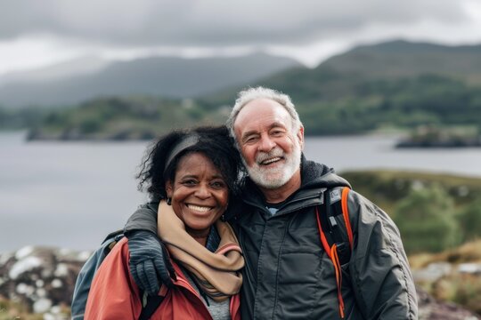 Multiethnic couple traveling in Scotland in summer. Happy older travelers exploring in nature