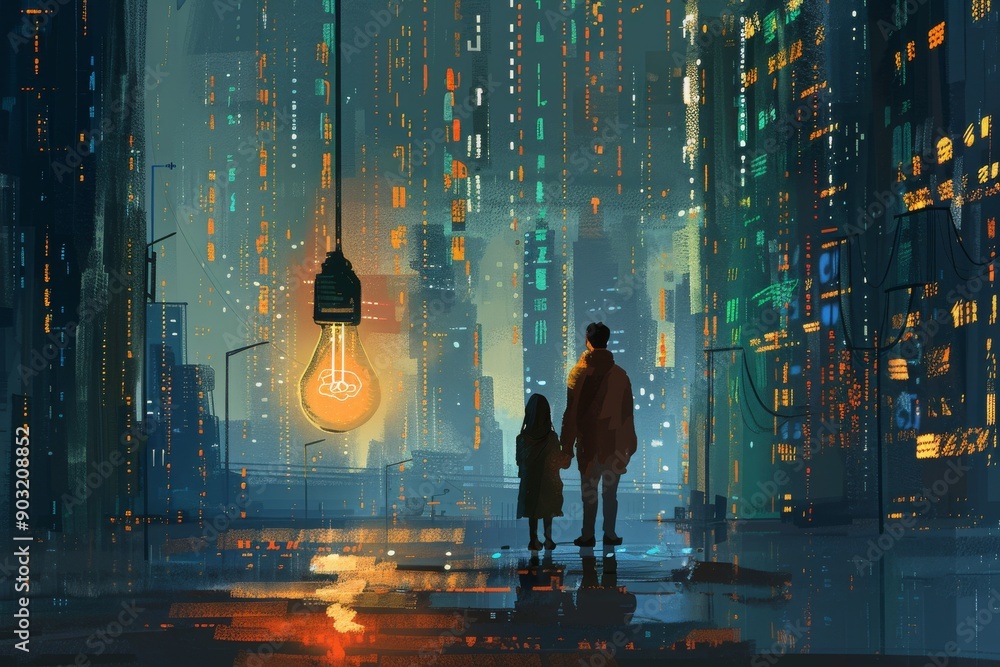 Wall mural silhouetted family with light bulb in urban nightscape emphasizing connection and creativity