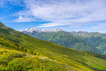 Majestic alpine panorama with glacier mountain of Grossvenediger. The main peak of the Venediger Group in Hohe Tauern mountain range. Austrian Alps, Austria.