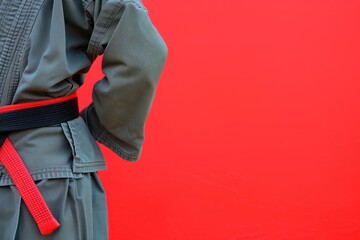 Person in Kimono and black Belt on Red Background with Space for Text. Martial Arts Discipline Concept