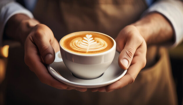 Branner of barista hand making a cup of coffee