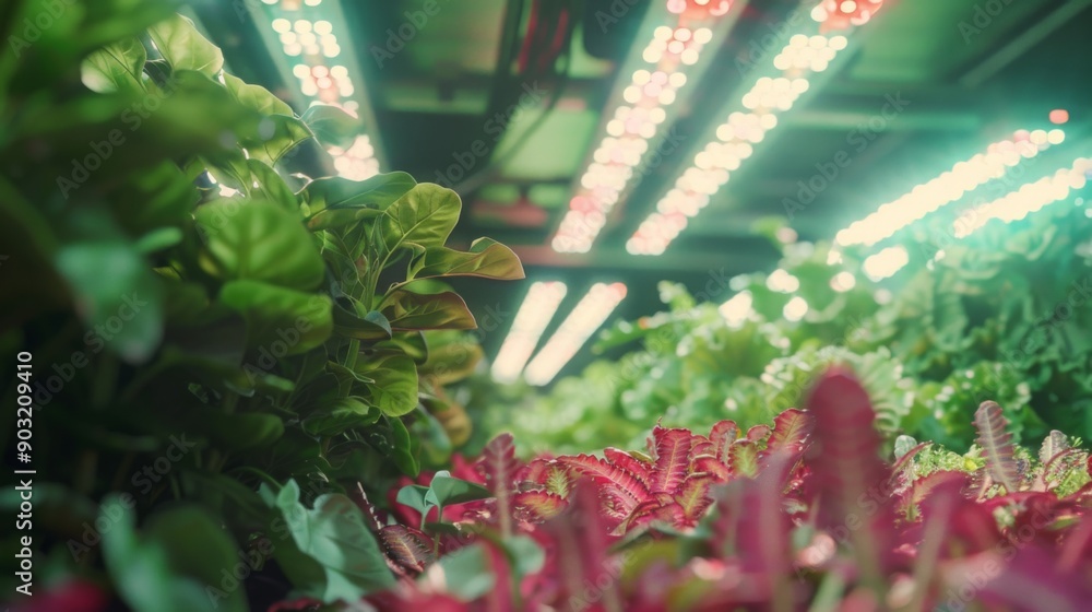 Poster close-up view of a variety of indoor plants growing under artificial lights in a controlled environm