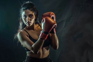 Indian female boxer portrait in studio for fitness training.