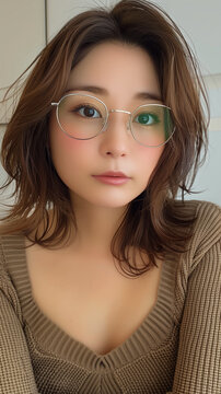 ぽっちゃりな眼鏡をかけた女性 笑顔
