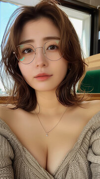 ぽっちゃりな眼鏡をかけた女性 ナチュラル