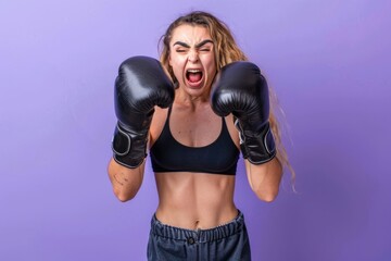 Strong young female boxer posing in boxing gloves on purple background.