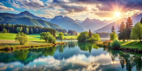 Fototapeta premium Landscape nature green grass field and mountains with fog, morning dawn, beautiful nature background desktop wallpaper