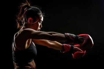 Woman in activewear and red kickboxing gloves performing martial arts kick.
