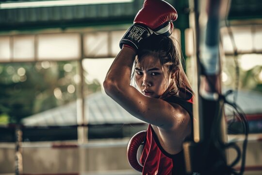 Female boxer  Rehearsing in the camp in thailand.