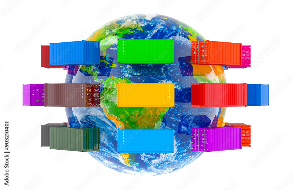 Poster cargo containers around the earth globe. global cargo shipping and delivery concept, 3d rendering is
