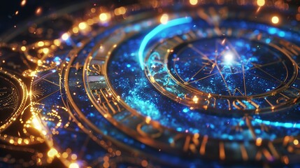 Astrological or magic circle with symbols surrounded by gold and blue lights. A bright star or light stands out in the center of the circle, creating a feeling of mysticism and magic