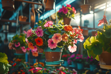 Colorful flowers in pots hanging in garden shop, stock photo