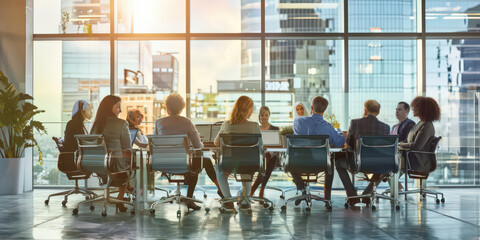 Panoramic view, Diverse multiethnic group of business professionals in a modern office boardroom meeting