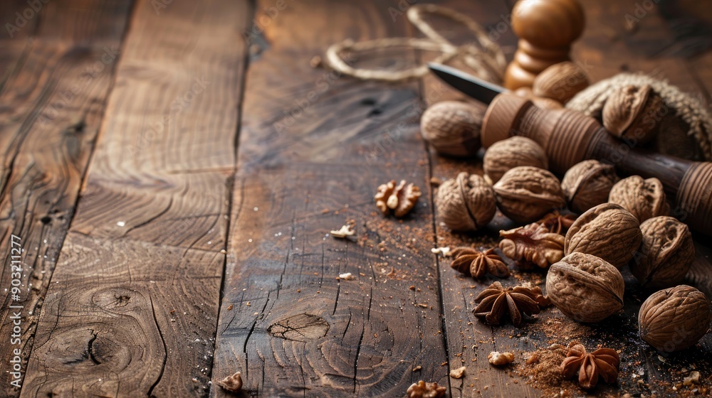 Poster selective focus on old wooden table with walnuts and nutcracker empty space