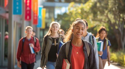 Obraz premium Cheerful students walking into a bright modern school building holding books and backpacks