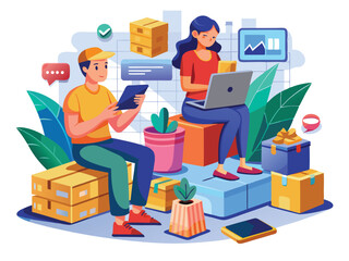 Fototapeta premium Online shopping service. Young women and male customers sit on boxes ordering with huge smartphone apps.