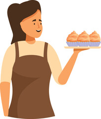 Pastry chef woman holding a tray full of delicious freshly baked muffins
