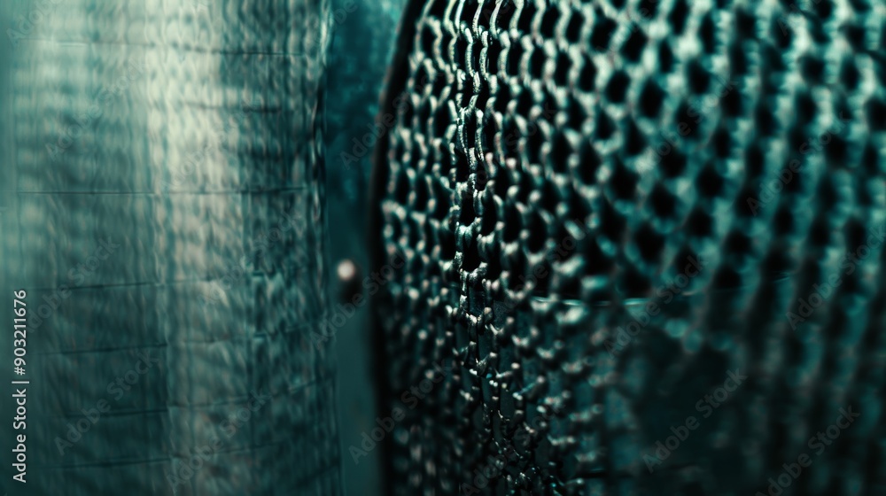 Poster close-up of a textured metallic surface showcasing intricate geometric patterns during daylight