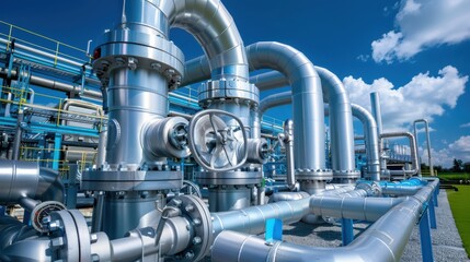 Obraz premium A large industrial pipe system with many valves and pipes