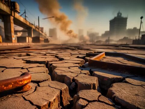 dystopian Mad Max andscape, with cracked pavement, rusty metal, and worn concrete, set against a backdrop of hazy, sun-beaten skies