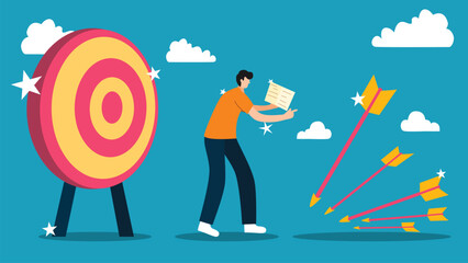 Vector illustration of a person standing near a large target, holding a piece of paper, with arrows missing the target. 