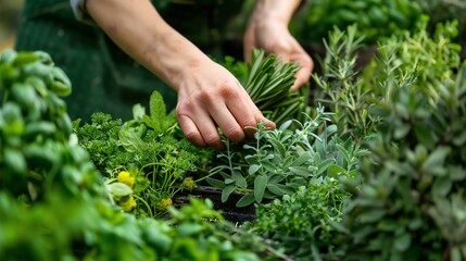 A gardener is harvesting fresh herbs from a garden. The herbs are rosemary, sage, parsley, and basil.
