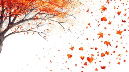 Autumn tree with falling leaves, some of which are hearts on a white background. Valentine's Day.