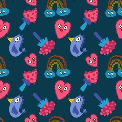 Cartoon doodle seamless mushrooms and birds and clouds and hearts pattern