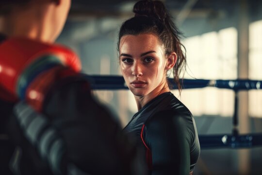 Athletic woman ready to fight in boxing ring portrait
