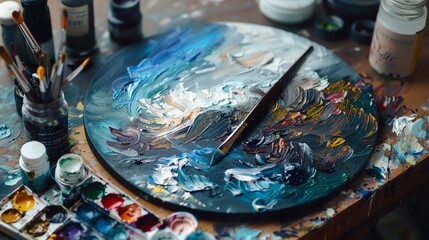An artist's palette with a variety of oil paints and a paintbrush. The palette is a round wooden board with a dark blue background.