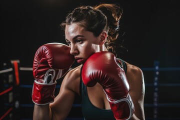 Portrait serious  tough female boxer in boxing gloves in fighting stance in gym