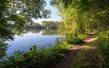 Beautiful view of the Carandeau fishing pond in summer located in the commune of Choisy-au-Bac, in the department of Oise, in the Hauts-de-France region.