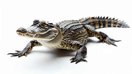 Obraz premium A close up of a crocodile on a white background. The crocodile is looking at the camera with its mouth slightly open.