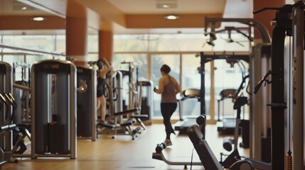 Image description:  The image shows a blurred view of a gym. There are several people using the exercise equipment.