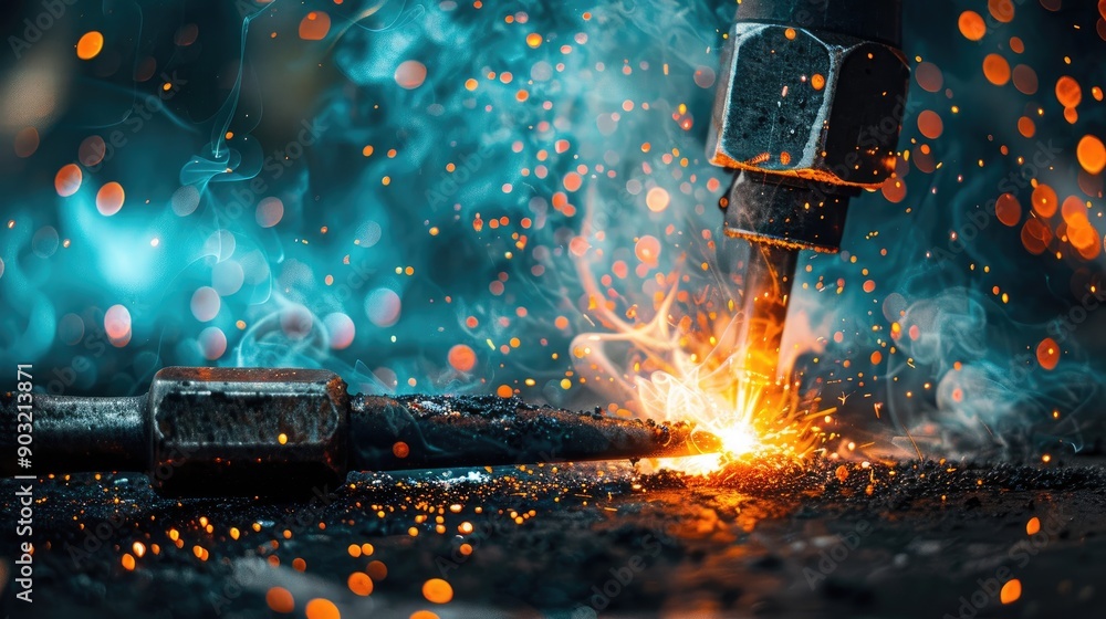 Poster high contrast image of welding tool on grunge background with soft focus and backlight