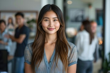Fototapeta premium Asian woman smiling in office with coworkers in background.