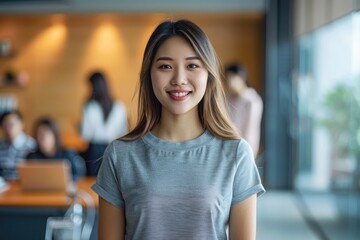 Confident Asian businesswoman in modern office with colleagues.