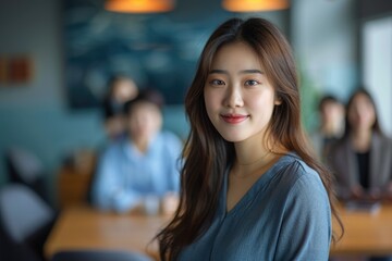 Confident Asian businesswoman in modern office with colleagues.