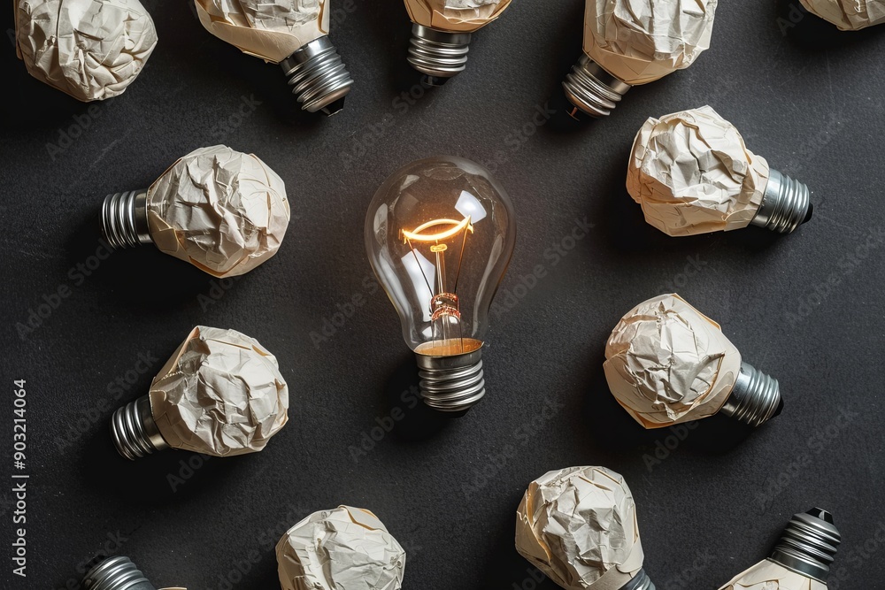 Aufkleber crumpled paper and lightbulb composition on a black background symbolizing creativity and brainstorm