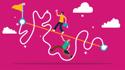 Vector illustration of two people following a winding path towards a success flag on a balancing beam. The vibrant pink background 