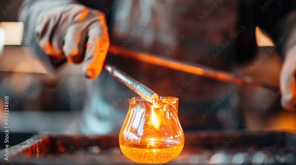 Poster an artisan skillfully molds molten glass using specialized tools, showcasing the intricate and preci
