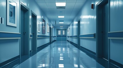 Fototapeta premium Hospital Corridor with Blue Walls and Shiny Floor
